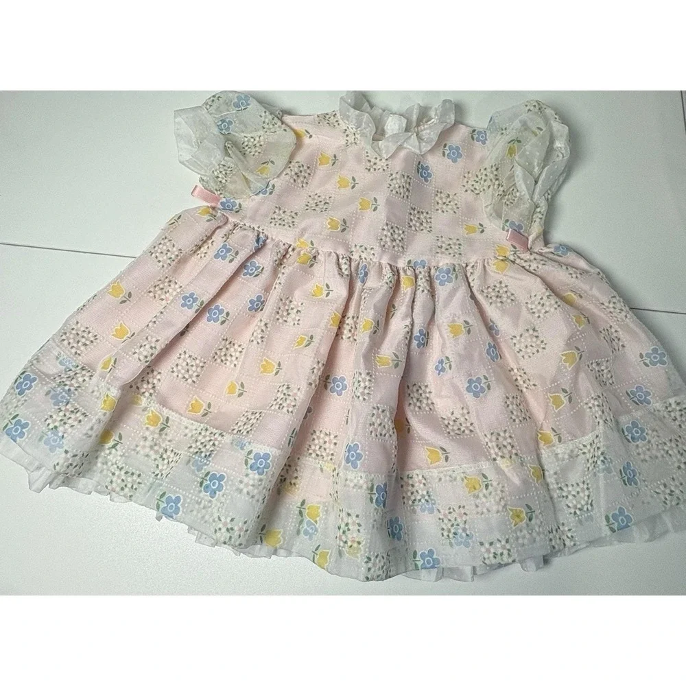 Vintage Just Adorable 24 Months Pink Floral Dress Puff Sleeve Ruffle